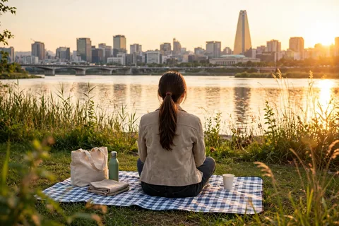 한강변에서 노을을 보는 여성