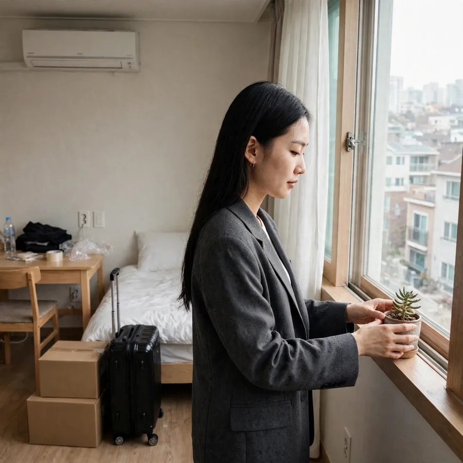 서울의 방에서 창밖을 바라보는 여성