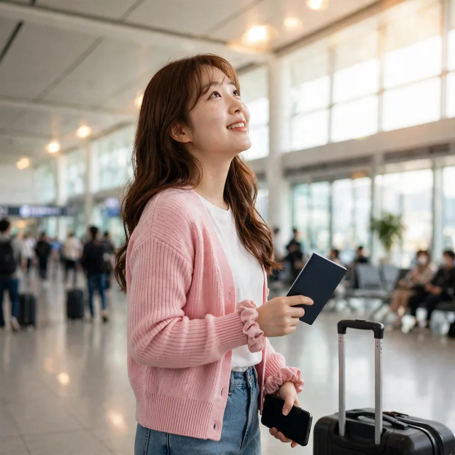 공항에서 여권을 든 여성
