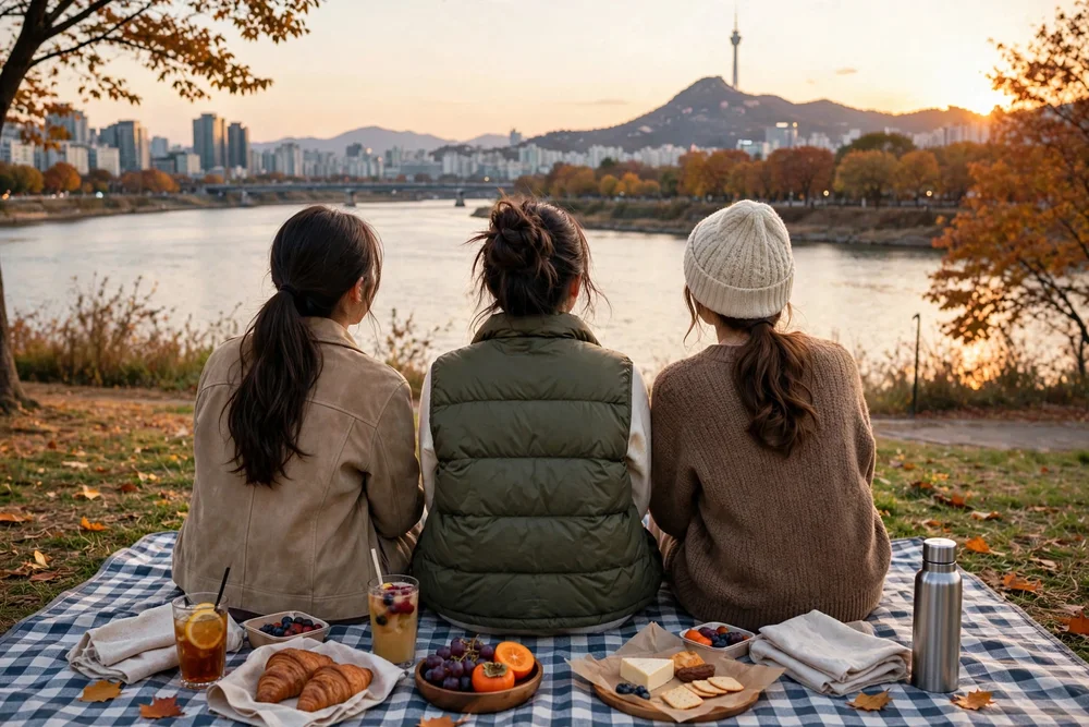 한강에서 피크닉하는 3명의 뒷모습