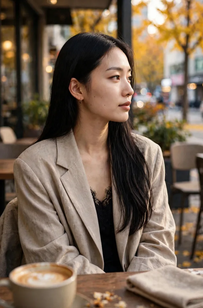 카페에서. 오버사이즈 블레이저 아래에 레이스 캐미솔.