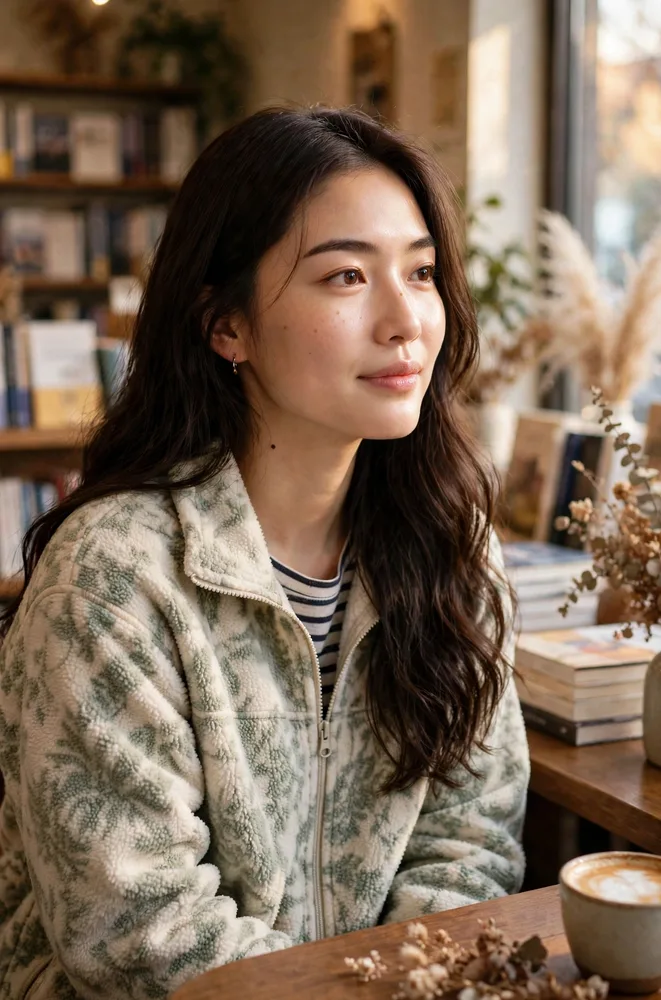 서점 카페에서. 패턴 플리스에 스트라이프 셔츠를 레이어드.