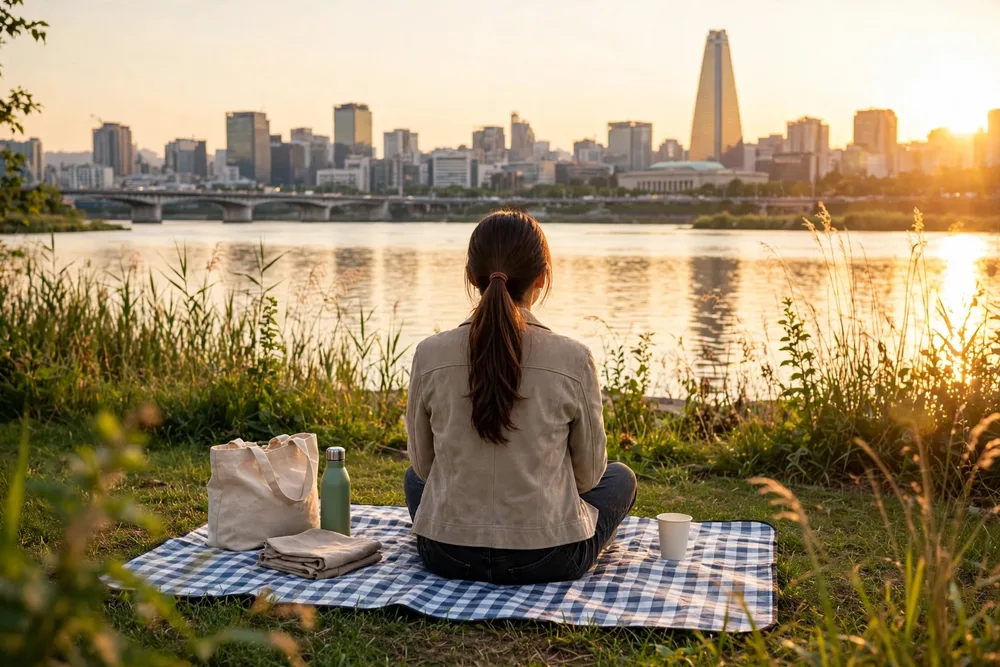 여의도 한강공원. 저녁 빛 속에서 강을 보며 보내는 오후.