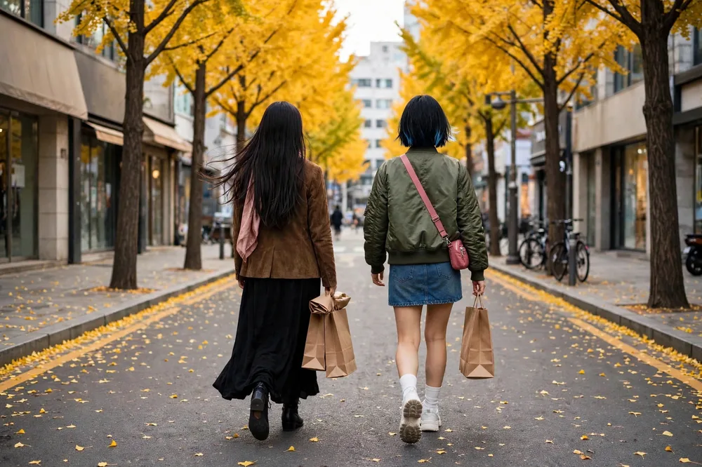 은행나무 가로수 쇼핑 거리를 걷는, 쇼핑백을 든 두 사람