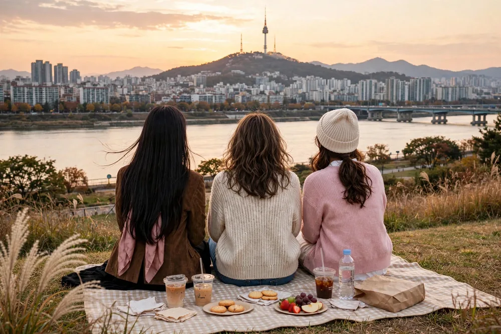 한강에서 피크닉하는 세 사람의 뒷모습